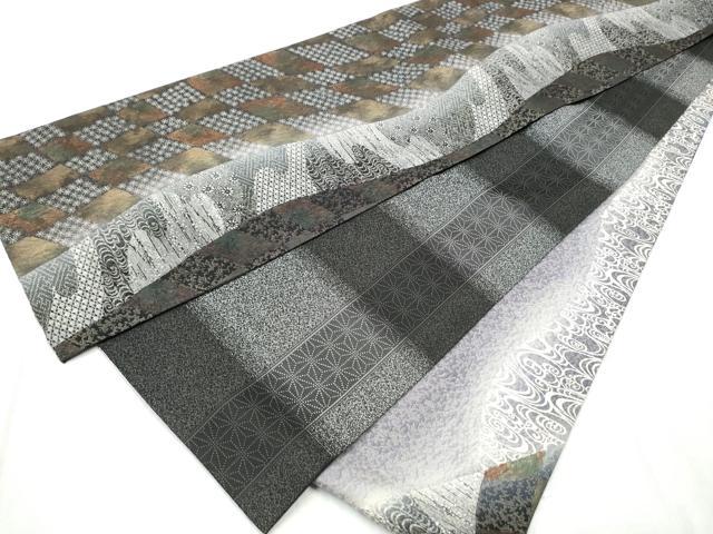 平和屋着物●両方向　両面　全通柄袋帯　ふくれ織　幾何学文様　金通し地　正絹　逸品　CABD0534hy