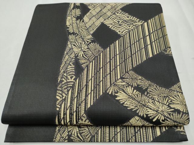 平和屋着物●六通柄袋帯　吉祥花文　黒地　金糸　正絹　逸品　CABD0539hy 平和屋着物○六通柄袋帯 吉祥花文 黒地 金糸 正絹 逸品 CABD0539hyの