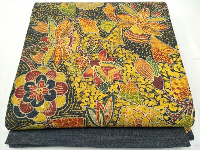 平和屋着物●太鼓柄袋帯　紬地　型染め　更紗花文　正絹　逸品　CABD0555hy 平和屋着物○太鼓柄袋帯 紬地 型染め 更紗花文 正絹 逸品 CABD0555hyの