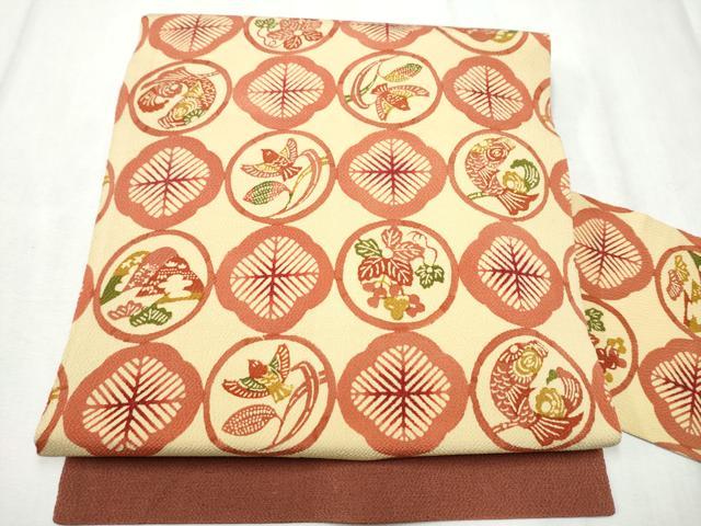 平和屋着物●全通柄　九寸名古屋帯　型染め　風景花鳥文　鬼しぼ縮緬　正絹　逸品　CABD0594hy