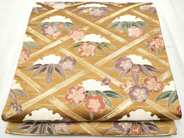 平和屋着物●六通柄袋帯　唐織　雪輪笹梅文　金糸　正絹　逸品　CABD0650hy