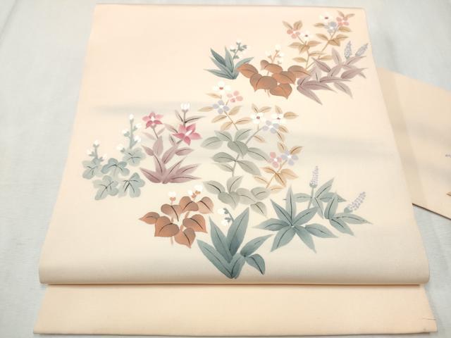 平和屋着物●塩瀬　九寸名古屋帯　草花文　正絹　逸品　CABD0677hy