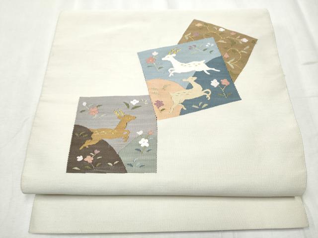 平和屋着物●爪掻き本綴れ　八寸名古屋帯　鹿　色紙重ね花文　正絹　逸品　CABD0681hy
