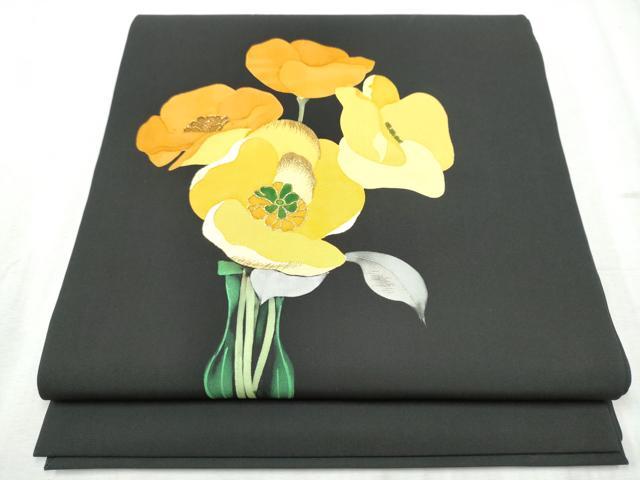 平和屋着物●塩瀬　九寸名古屋帯　駒刺繍　舞花文　黒地　金銀糸　正絹　逸品　CABD0686hy 平和屋着物○塩瀬 九寸名古屋帯 駒刺繍 御所車花文 黒地 金彩 正絹