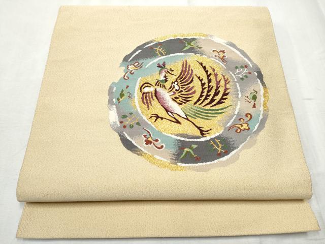 平和屋着物●京都西陣織物師　三代目・波多野諦観　爪掻本綴　八寸名古屋帯　絵皿鳳凰花文　金糸　正絹　逸品　CABD0701hy