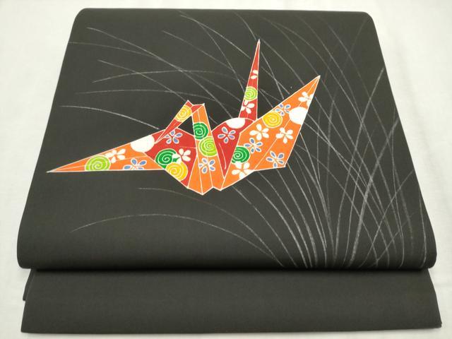 平和屋着物●塩瀬　九寸開き名古屋帯　折り鶴花文　黒地　正絹　逸品　CABD0775hy 18,720円