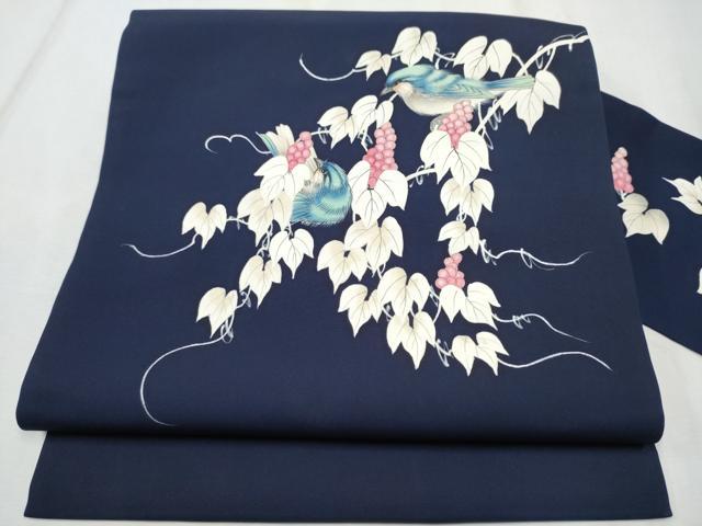 平和屋着物●塩瀬　九寸名古屋帯　手描き　休み鳥葡萄蔦の葉文　正絹　逸品　CABD0782hy 18,460円
