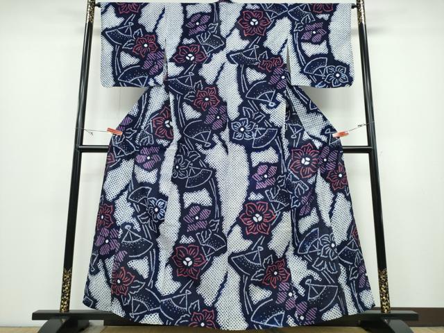 平和屋着物∴夏物　浴衣　有松鳴海絞り　流水扇面花文　綿　逸品　CABD2469ng