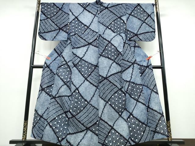 平和屋着物∴夏物　浴衣　有松鳴海絞り　切嵌麻の葉文様　綿　逸品　CABD2481ng