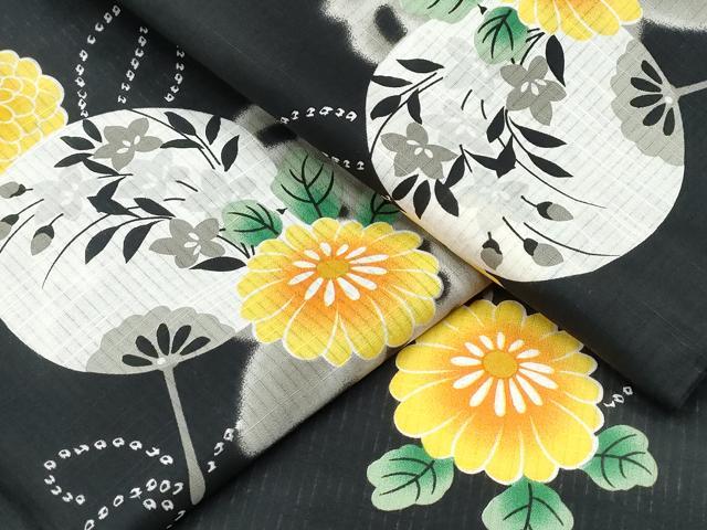 平和屋着物∴夏物　浴衣　団扇舞花文　黒地　綿　逸品　CABD2545ng