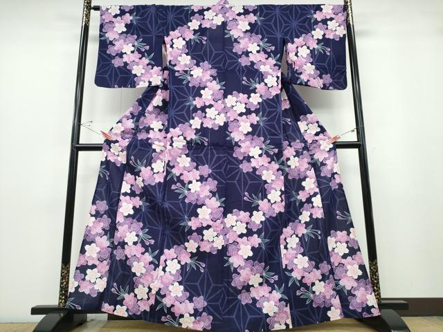 平和屋着物∴夏物　浴衣　綿紅梅　舞桜　麻の葉文様　綿　逸品　CABD2587ng_1