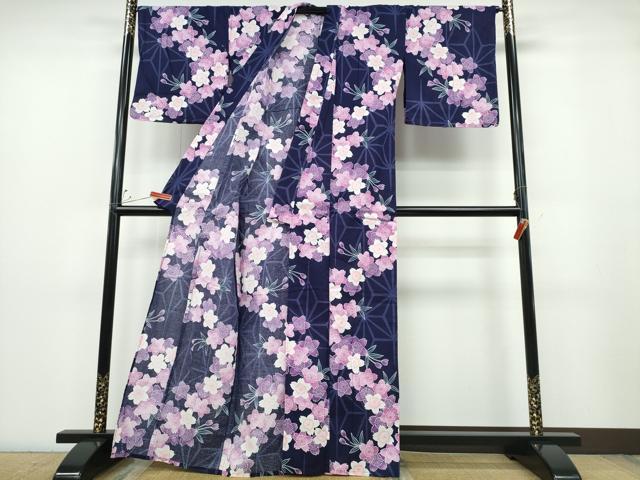 平和屋着物∴夏物　浴衣　綿紅梅　舞桜　麻の葉文様　綿　逸品　CABD2587ng_2