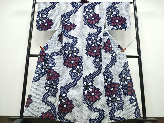 平和屋着物∴夏物　浴衣　有松鳴海絞り　流水花文　綿　逸品　CABD2643ng