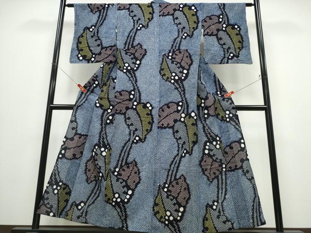 平和屋着物∴夏物　浴衣　有松鳴海絞り　モンステラ　綿　逸品　CABD2749ng