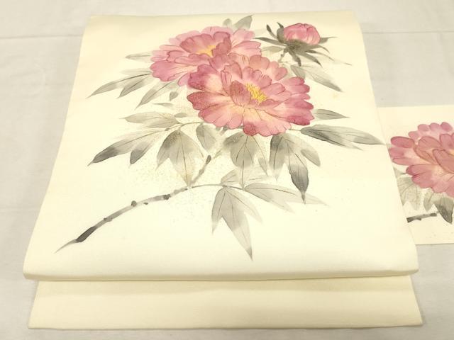 平和屋着物●塩瀬　九寸名古屋帯　手描き　草花文　金彩　正絹　逸品　CABD4035dy