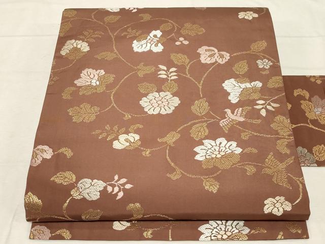 平和屋着物●九寸名古屋帯　唐織　更紗花鳥文　金糸　正絹　逸品　CABD4039dy