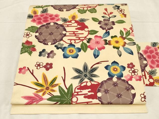 平和屋着物●全通柄九寸名古屋帯　本場琉球紅型　雪輪草花文　正絹　逸品　CABD4053dy