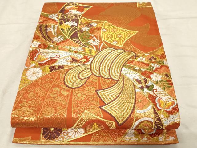 平和屋着物●西陣　河合美術織物謹製　六通柄袋帯　唐織　束ね熨斗花鳥文　金糸　長尺　正絹　逸品　CABD4062dy