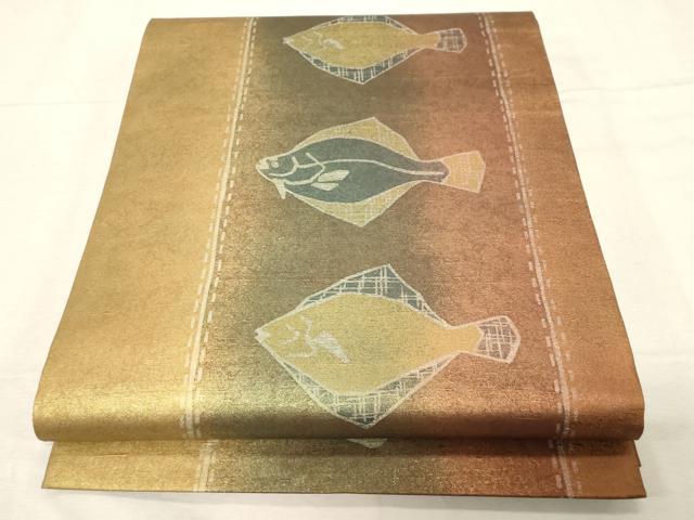 平和屋着物●石川県指定無形文化財　牛首紬　白山工房　手織り　全通柄袋帯　ヒラメ　金彩　引箔　正絹　逸品　CABD4063dy