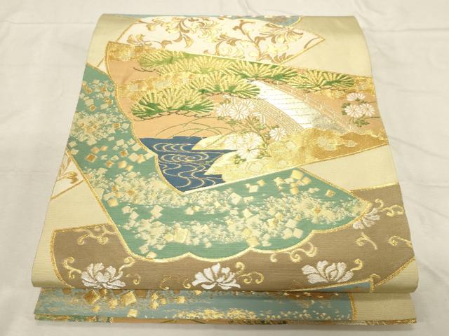 平和屋着物●西陣　川島織物　六通柄　本袋帯　渡橋松花文　金銀糸　正絹　逸品　CABD4155dy 平和屋着物○西陣 川島織物 六通柄 本袋帯 渡橋松花文 金銀糸 正絹