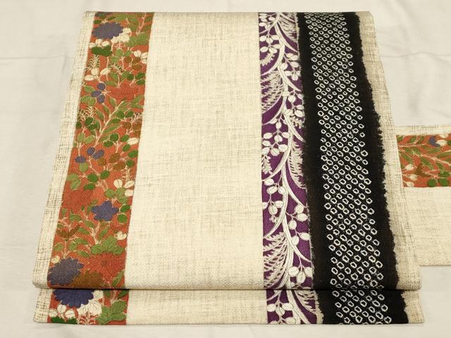 平和屋着物●九寸名古屋帯　絞り　草花間道　鬼しぼ縮緬　正絹　逸品　CABD4206dy