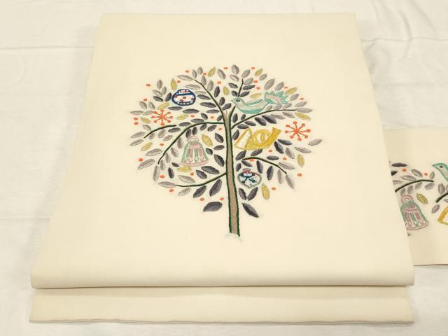 平和屋着物●九寸名古屋帯　総刺繍　枝葉鳥文　正絹　逸品　CABD4219dy