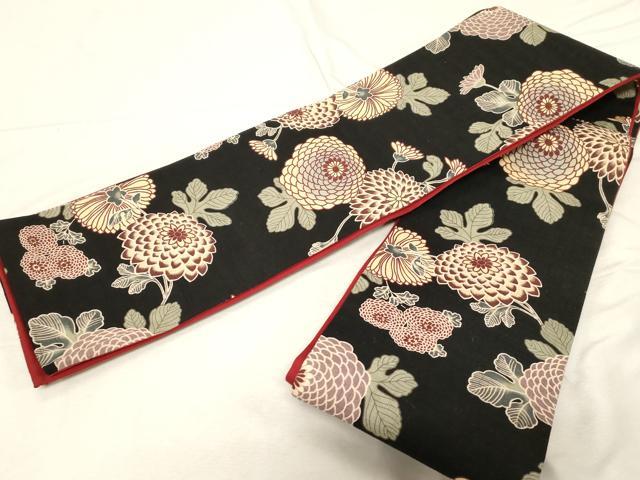 平和屋着物●半幅帯　型染め　菊　黒地　綿　逸品　CABD4235dy