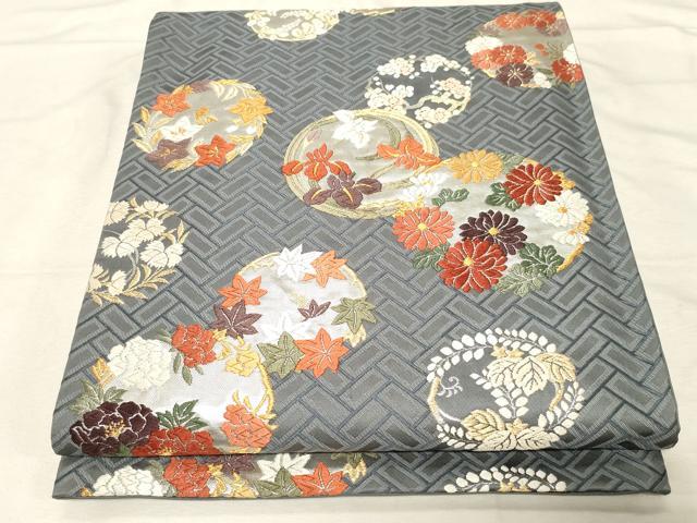 平和屋着物●唐織・西陣の老舗・名門・藤原織物　六通柄袋帯　草花丸文　金銀糸　正絹　逸品　CABD4244dy 平和屋着物○唐織・西陣の老舗・名門・藤原織物 六通柄袋帯 草花丸文