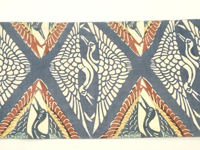 平和屋着物●九寸名古屋帯　紬地　型染め　双鶴文　正絹　逸品　CABD4342dy_6