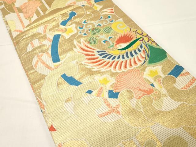 平和屋着物＊夏物　アンティーク　大正ロマン　丸帯　花鳥文　金糸　正絹　逸品　CABD4385dy_1