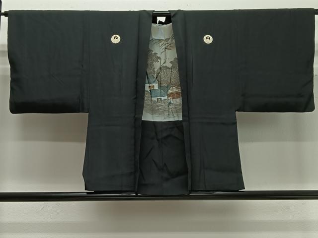 平和屋着物∞男性　羽織　黒紋付　羽裏：風景文　正絹　逸品　CABD4424ua