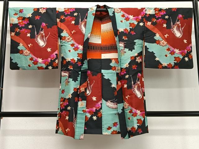 平和屋着物∞アンティーク　大正ロマン　長羽織　紬地　鹿　楓　正絹　逸品　CABD4537ua 平和屋着物∞アンティーク 大正ロマン 長羽織 紬地 鹿 楓 正絹 逸品