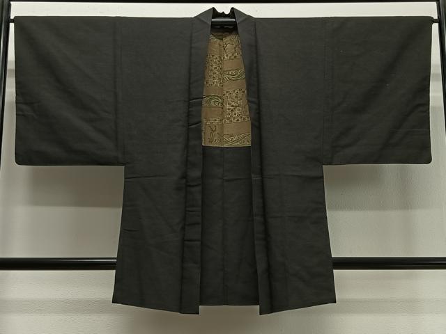平和屋着物∞男性　長羽織　紬地　黒色　正絹　逸品　CABD4571ua