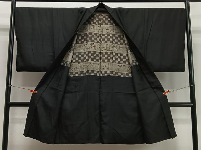 平和屋着物∞男性　長羽織　紬地　黒地　正絹　逸品　CABD4638ua_1