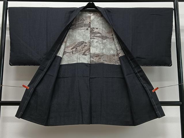 平和屋着物∞男性　長羽織　紬地　縞　黒地　銀糸　正絹　逸品　未使用　CABD4672ua_1