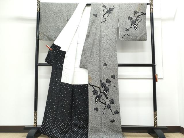 平和屋着物●訪問着　総絞り　枝花文　黒地　正絹　逸品　CABD5252th_1