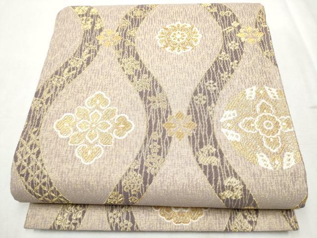 平和屋着物○太鼓柄袋帯 草花丸文 金彩 鬼しぼ縮緬 正絹 逸品