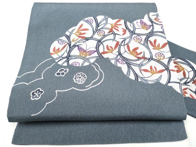 平和屋着物●九寸名古屋帯　型染め　花蝶文　鬼しぼ縮緬　正絹　逸品　CABD5725hy 平和屋着物○九寸名古屋帯 型染め 花蝶文 鬼しぼ縮緬