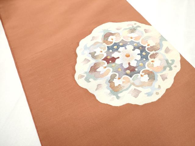 平和屋着物○太鼓柄袋帯 すくい織 花唐草文 金糸 正絹 逸品 CABD5746hy 