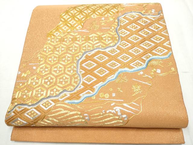 平和屋着物●西陣　川島織物　爪掻き本綴れ　太鼓柄袋帯　駒刺繍　総刺繍　流水吉祥文　金糸　正絹　逸品　CABD5804hy
