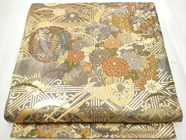 平和屋着物●佐賀錦　六通柄袋帯　唐織　雪輪花車文　金糸　正絹　逸品　CABD5917hy 平和屋着物○佐賀錦 六通柄袋帯 唐織 雪輪花車文 金糸 正絹 逸品