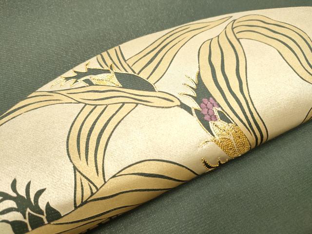 平和屋着物●太鼓柄袋帯　駒刺繍　更紗花文　銀通し地　正絹　逸品　CABD5969hy 平和屋着物○太鼓柄袋帯 駒刺繍 更紗花文 銀通し地 正絹 逸品