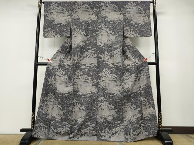 平和屋着物●染織の名門　しょうざん 生紬　風景草花文　正絹　逸品　CABD7257ut_1