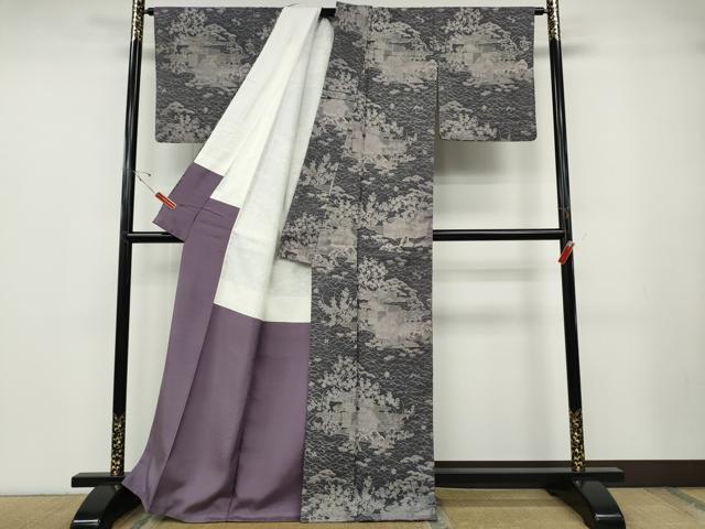 平和屋着物●染織の名門　しょうざん 生紬　風景草花文　正絹　逸品　CABD7257ut_2