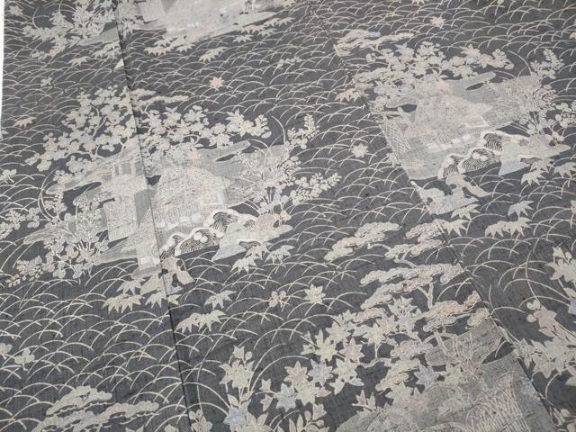 平和屋着物●染織の名門　しょうざん 生紬　風景草花文　正絹　逸品　CABD7257ut_3