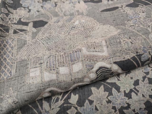 平和屋着物●染織の名門　しょうざん 生紬　風景草花文　正絹　逸品　CABD7257ut_4