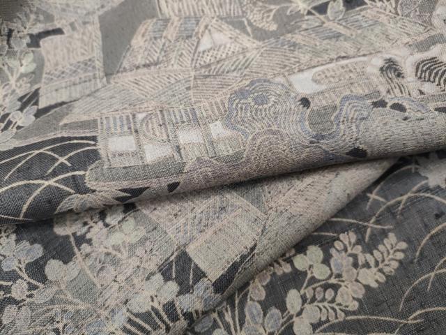 平和屋着物●染織の名門　しょうざん 生紬　風景草花文　正絹　逸品　CABD7257ut