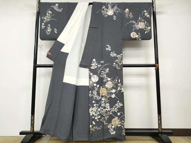 平和屋着物●訪問着　駒刺繍　草花丸文　金彩　正絹　逸品　CABD7439ut_1