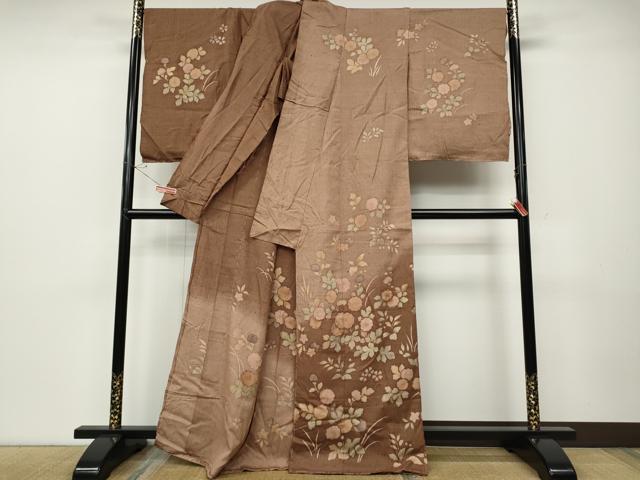 平和屋着物●訪問着　紬地　刺繍　草花文　仮絵羽　正絹　逸品　未使用　CABD7461ut_1