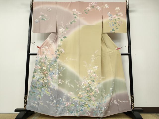 平和屋着物●訪問着　友禅　草花文　暈し染め　正絹　逸品　CABD7487ut